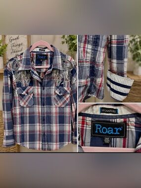 Roar Navy Plaid Button-Down cotton western Shirt with Embroidery men’s 2xl